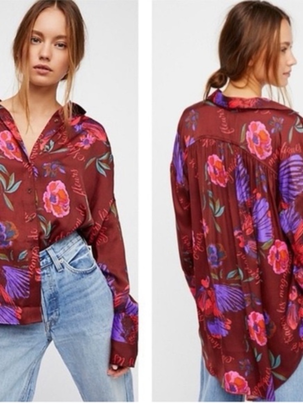 Free People Silky Nights Floral Button-Down Shirt - Burgundy